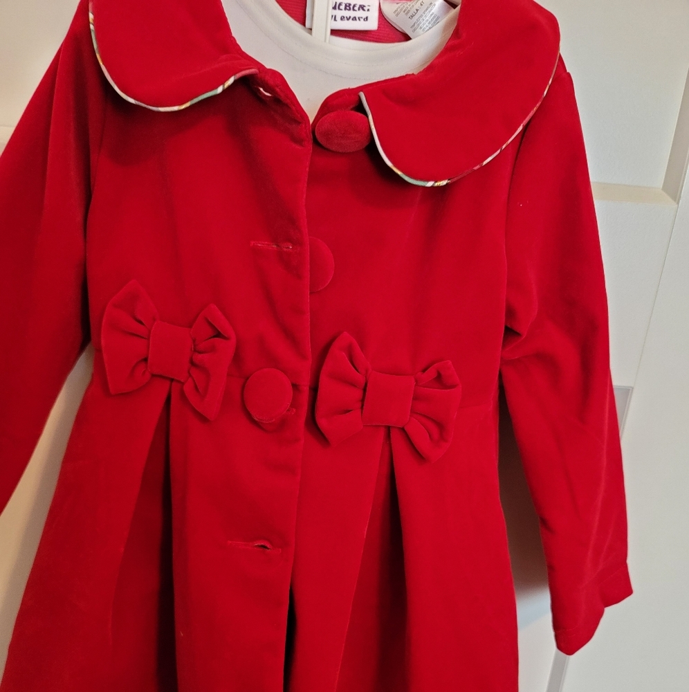 Girls Holiday Dress with Red Velvet Over-Coat